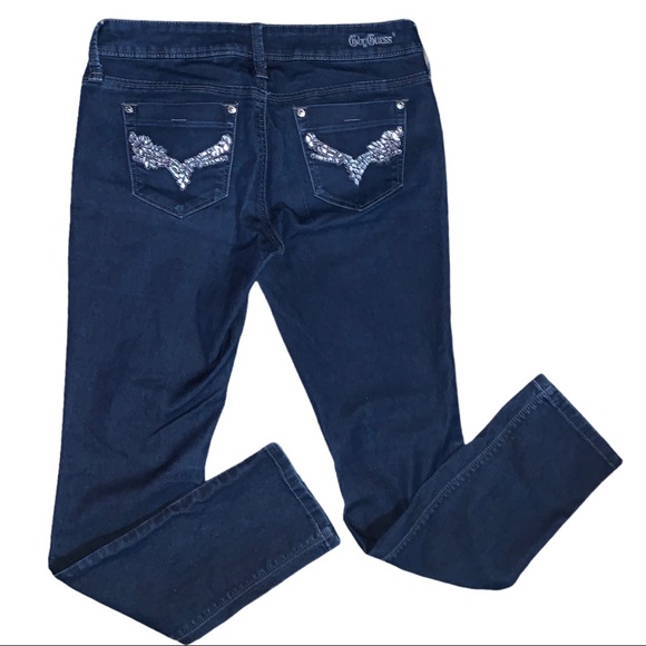 Guess Stretch Skinny Gem Crystal Wing Embellished Denim Blue Jeans 27 - Picture 3 of 7